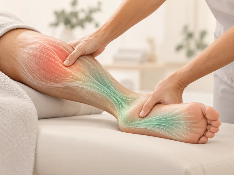 Fascial release on the calf and sole of the foot to ease tension