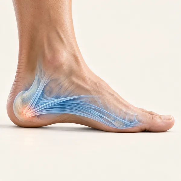 Foot with the plantar fascia highlighted and pain at the heel