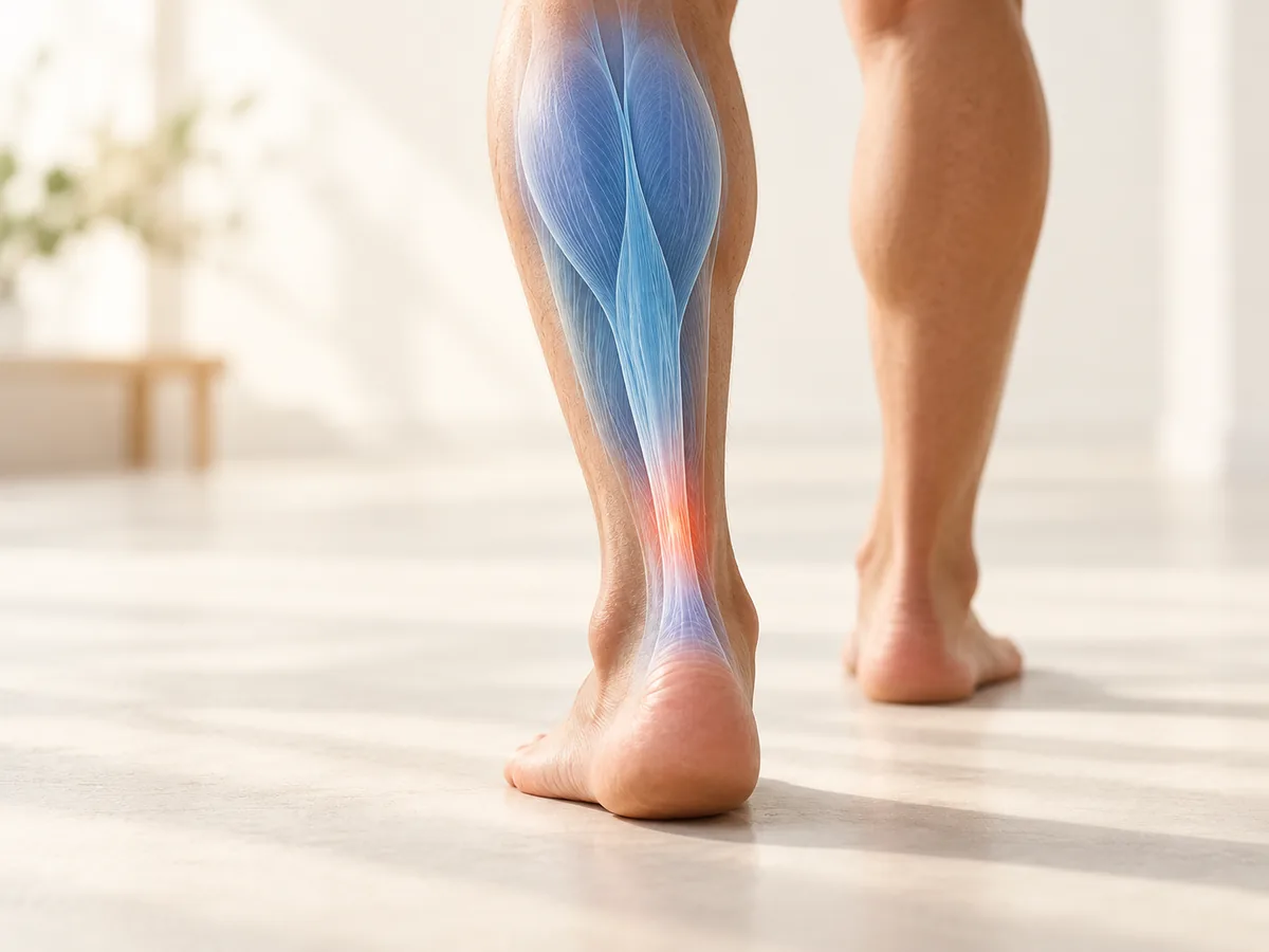 Lower leg from behind with the calf and Achilles tendon highlighted above the heel